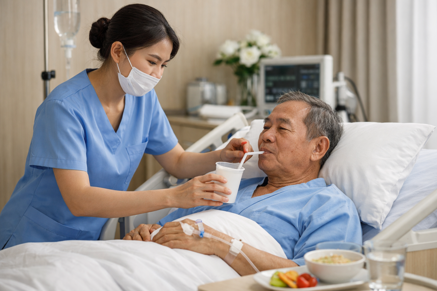 Nhân viên y tế đang chăm sóc bệnh nhân tại giường bệnh chuyên nghiệp