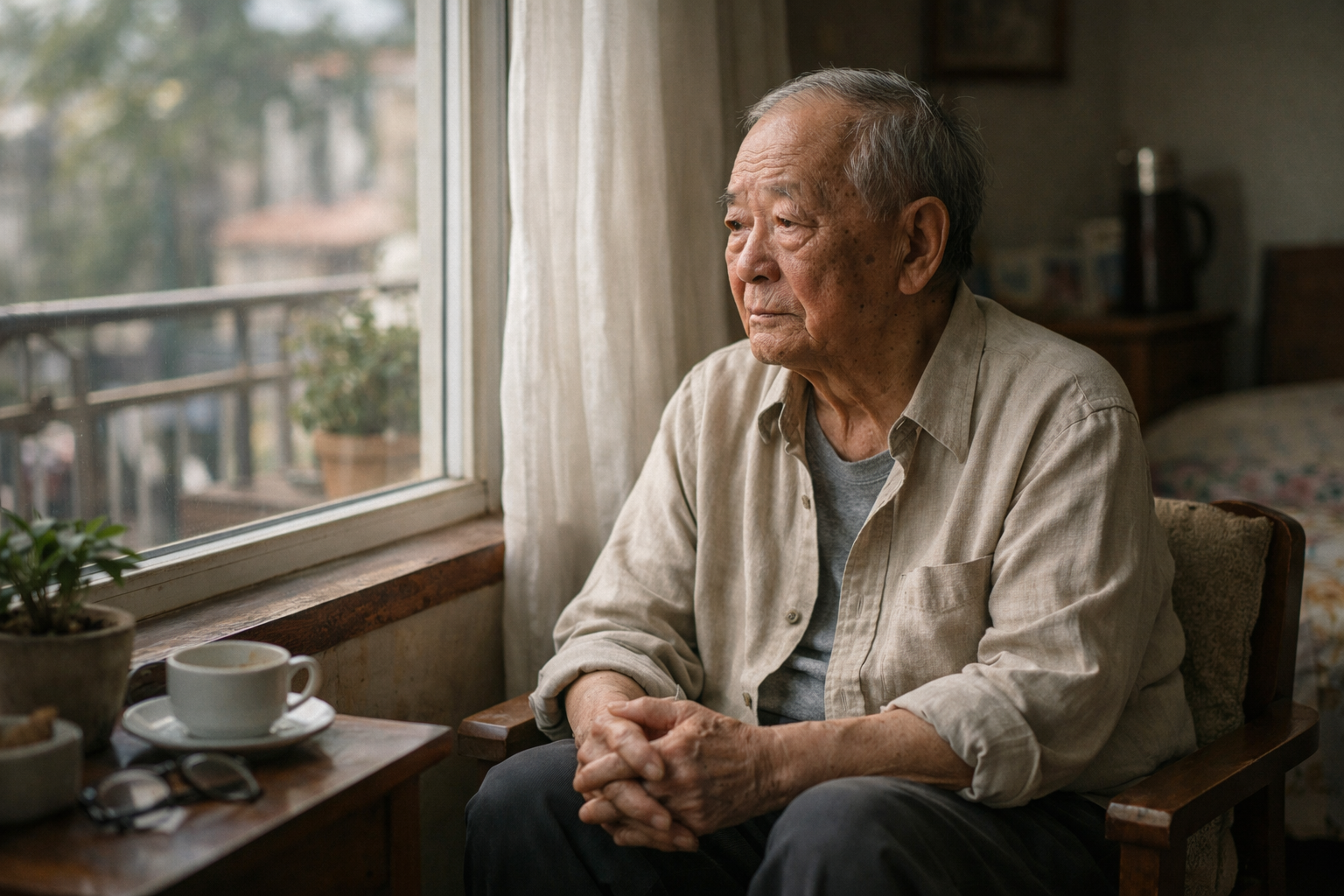 Một người cao tuổi ngồi một mình bên cửa sổ thể hiện sự cô đơn và cần được chăm sóc