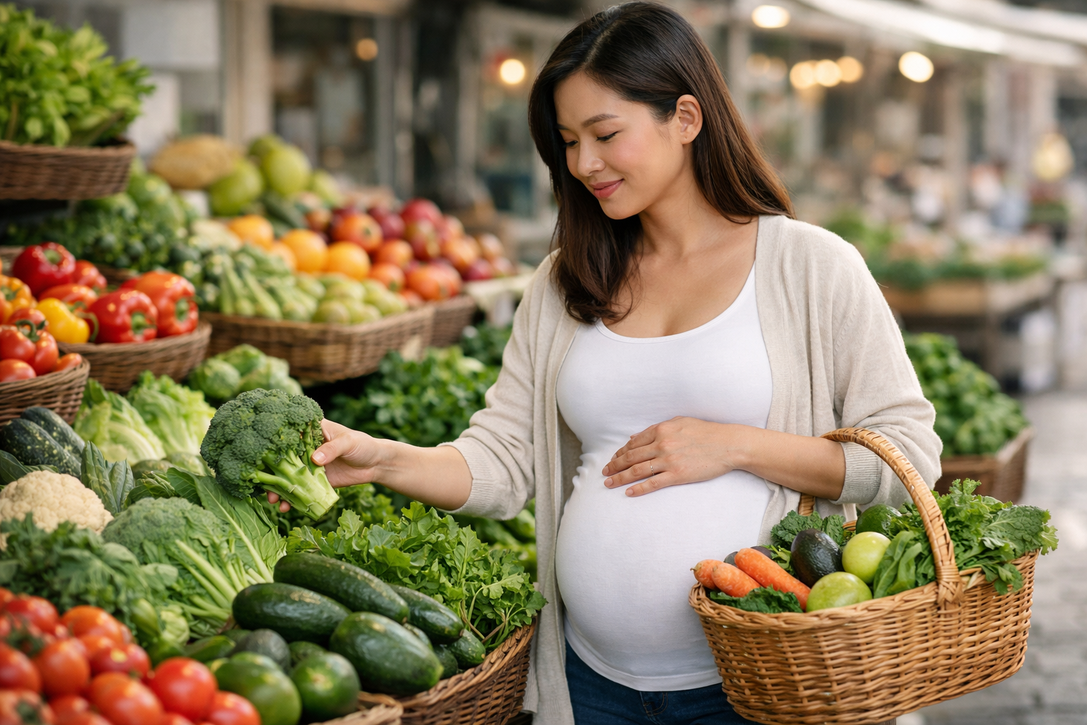 Bà bầu đang lựa chọn các loại trái cây và rau củ xanh tươi cho bữa ăn dinh dưỡng