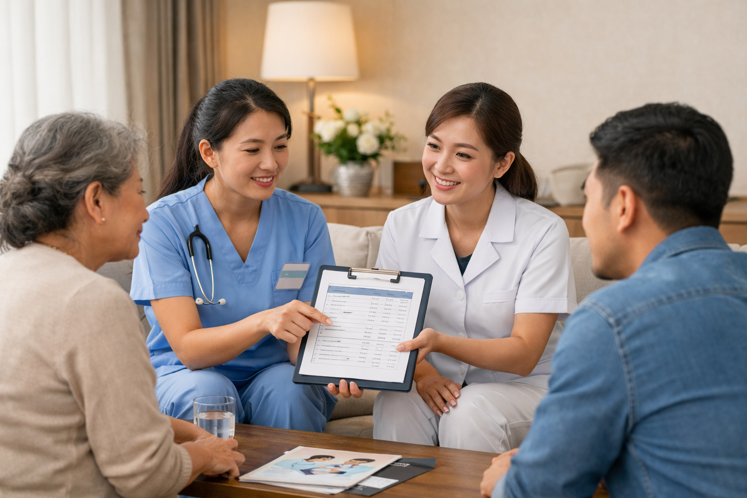 Đội ngũ điều dưỡng đang tư vấn bảng giá dịch vụ chăm sóc y tế cho người thân bệnh nhân tại phòng khách