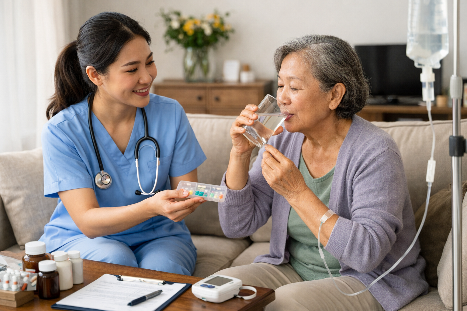 Nhân viên y tế Thiện Tâm hỗ trợ bệnh nhân uống thuốc và theo dõi sức khỏe tại nhà