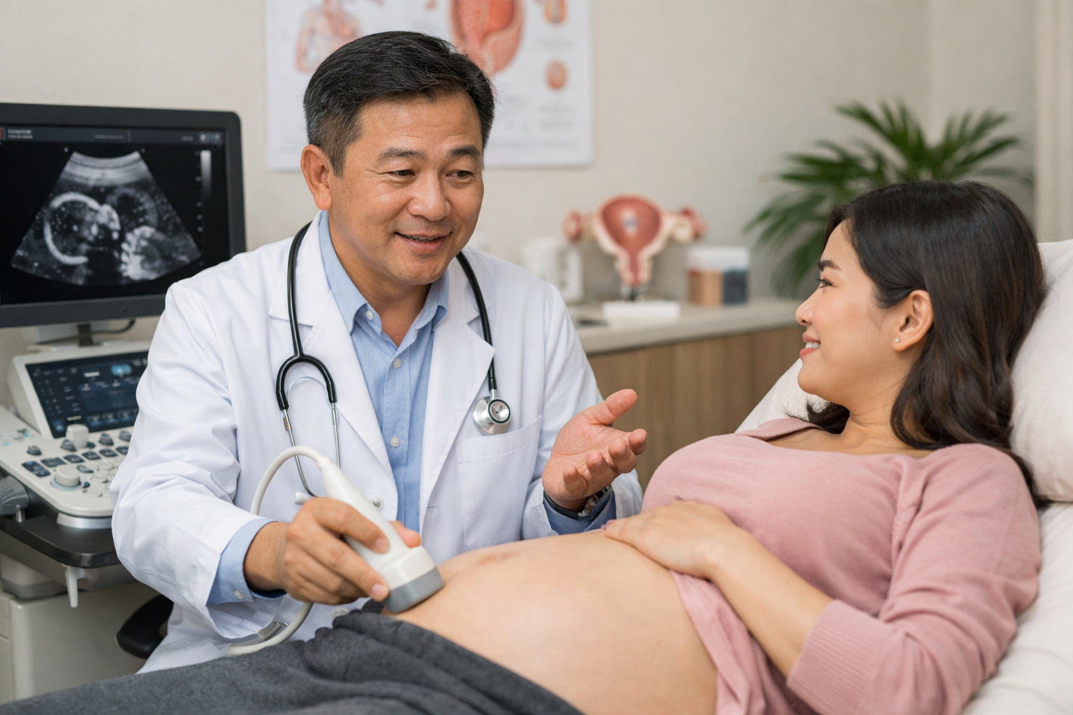 Bác sĩ sản khoa đang siêu âm và tư vấn sức khỏe cho một phụ nữ mang thai tại phòng khám