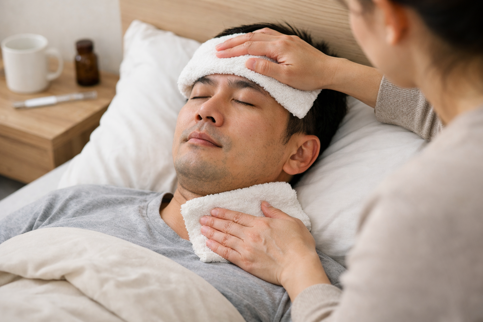 Sử dụng khăn ấm để chườm lên vùng trán và cổ của người bệnh đang bị sốt