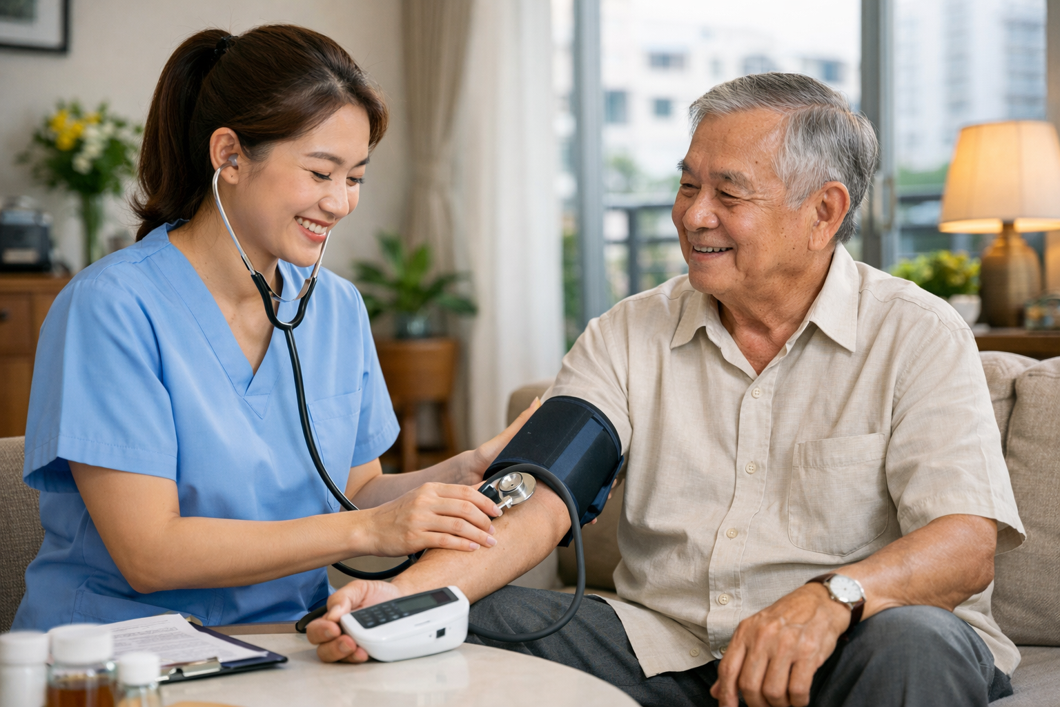 Điều dưỡng viên đang đo huyết áp và kiểm tra sức khỏe cho bệnh nhân cao tuổi tại nhà ở TPHCM