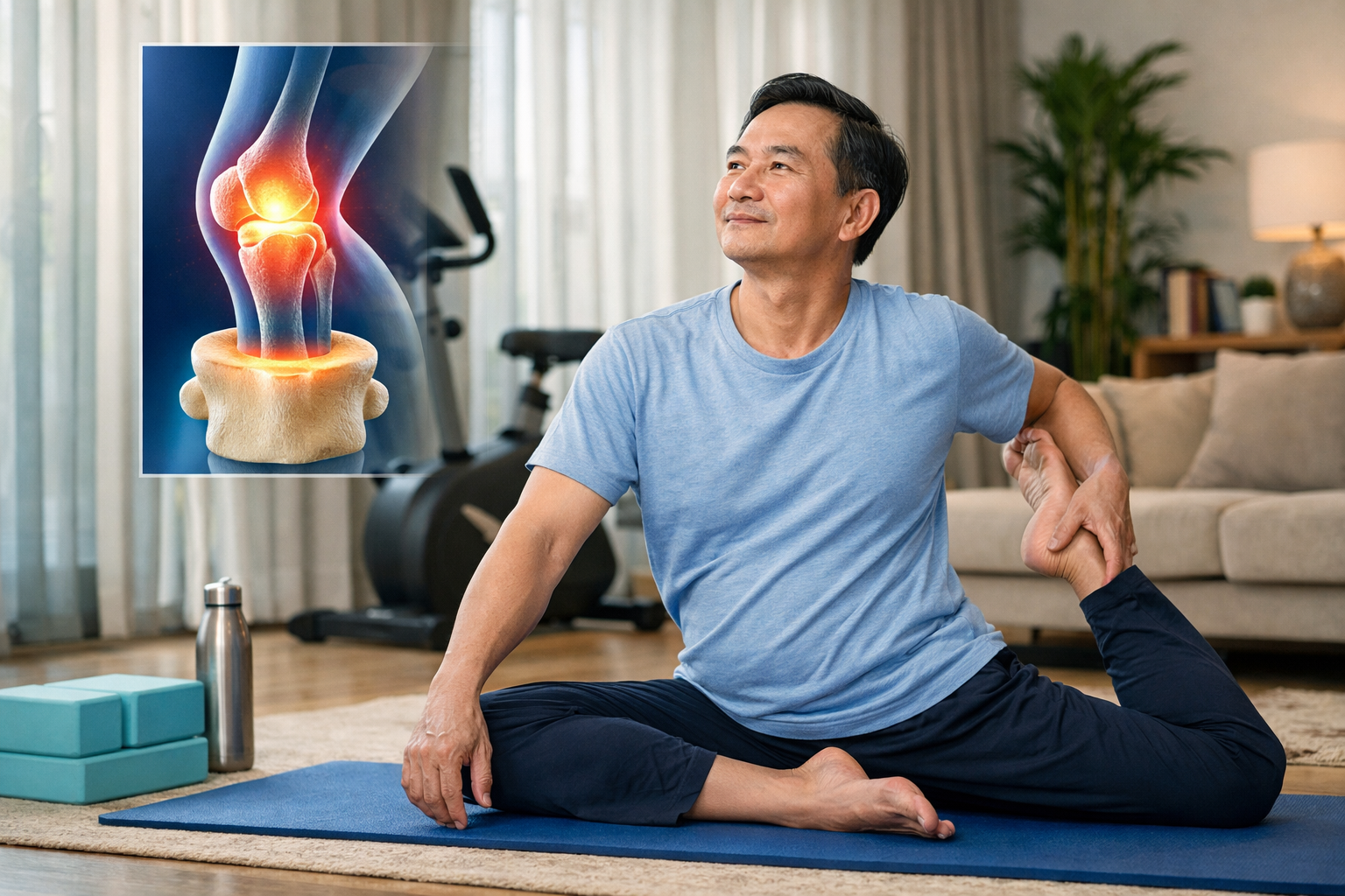 Người trung niên tập yoga để tăng cường độ dẻo dai và bảo vệ sụn khớp