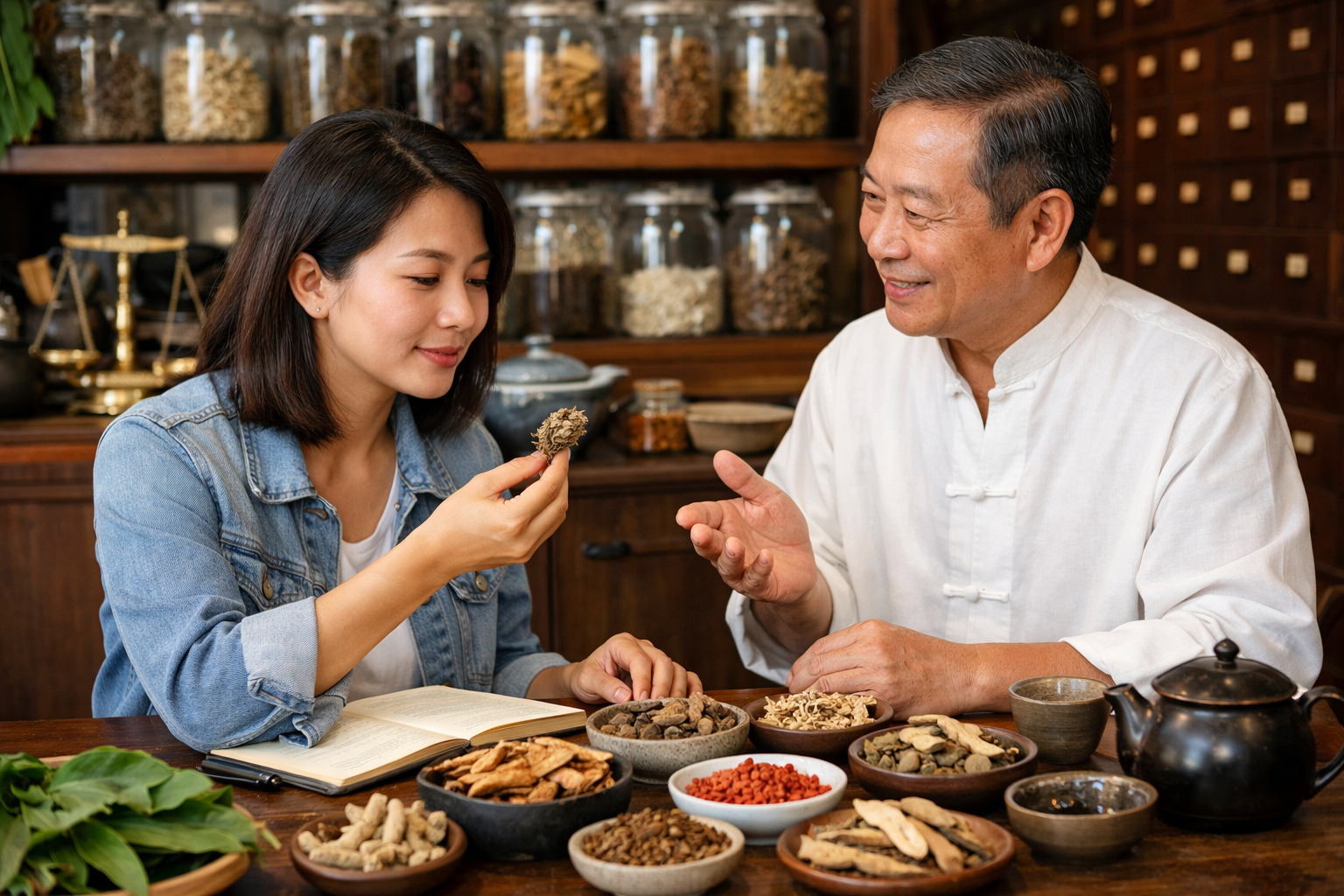 Người dùng đang tìm hiểu về các loại thảo dược tại hiệu thuốc đông y