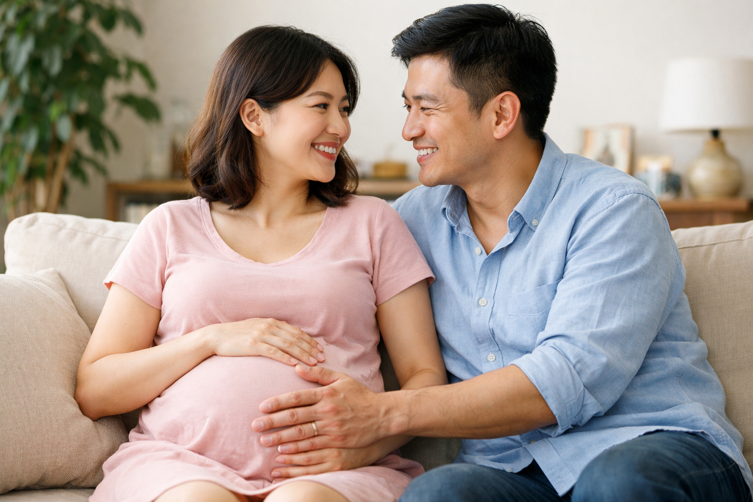 Một cặp vợ chồng hạnh phúc cùng nhau trò chuyện và chạm tay vào bụng bầu của người vợ