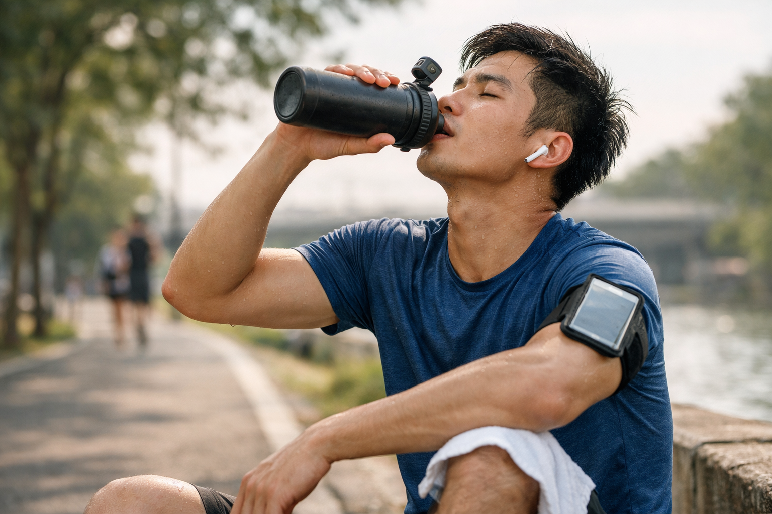 Nam thanh niên đang nghỉ ngơi và uống nước từ bình chuyên dụng sau khi chạy bộ