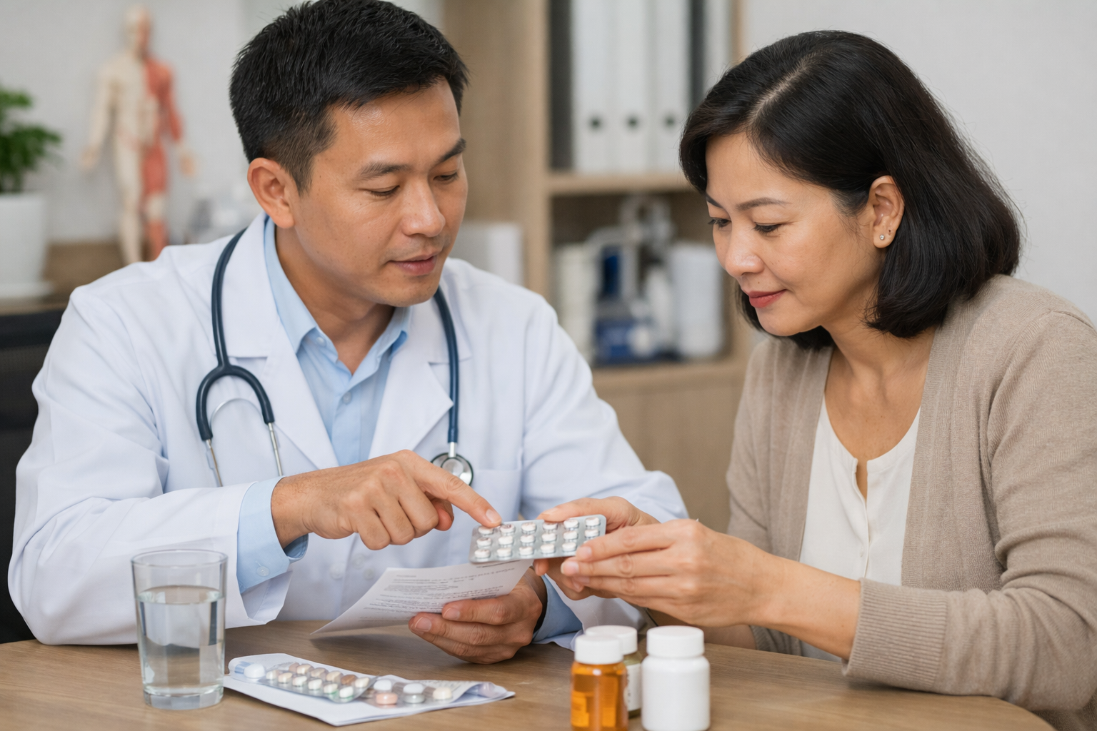 Bác sĩ chuyên khoa đang hướng dẫn bệnh nhân cách sử dụng thuốc theo đơn chi tiết