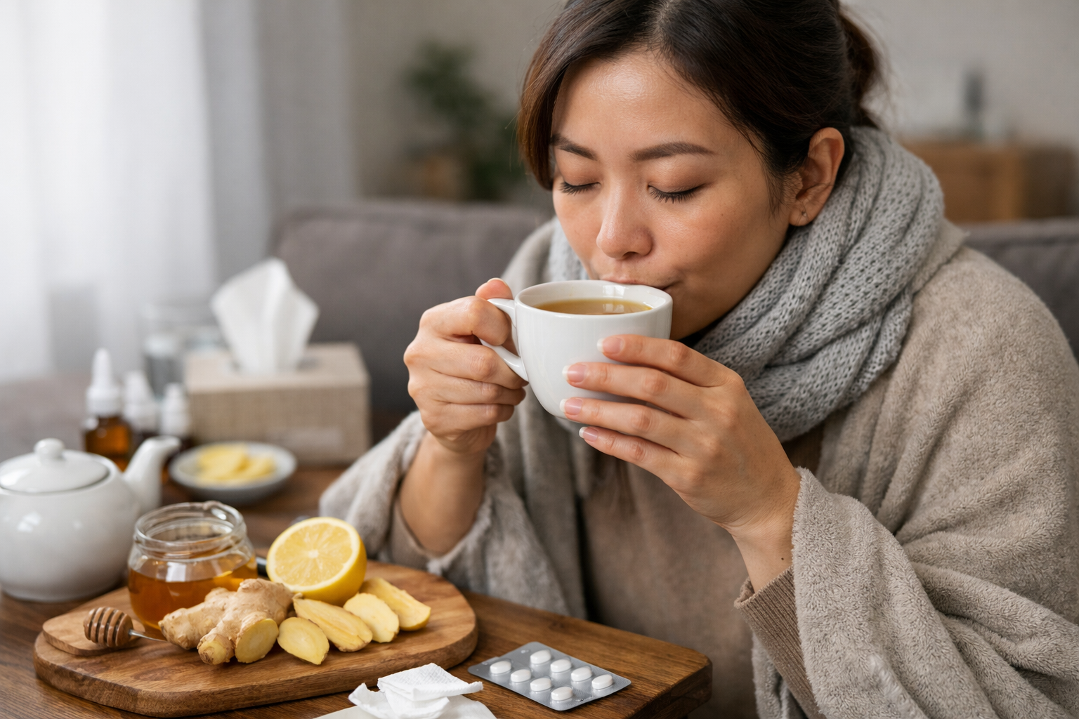 Người bệnh đang uống nước gừng ấm để cải thiện triệu chứng cảm lạnh