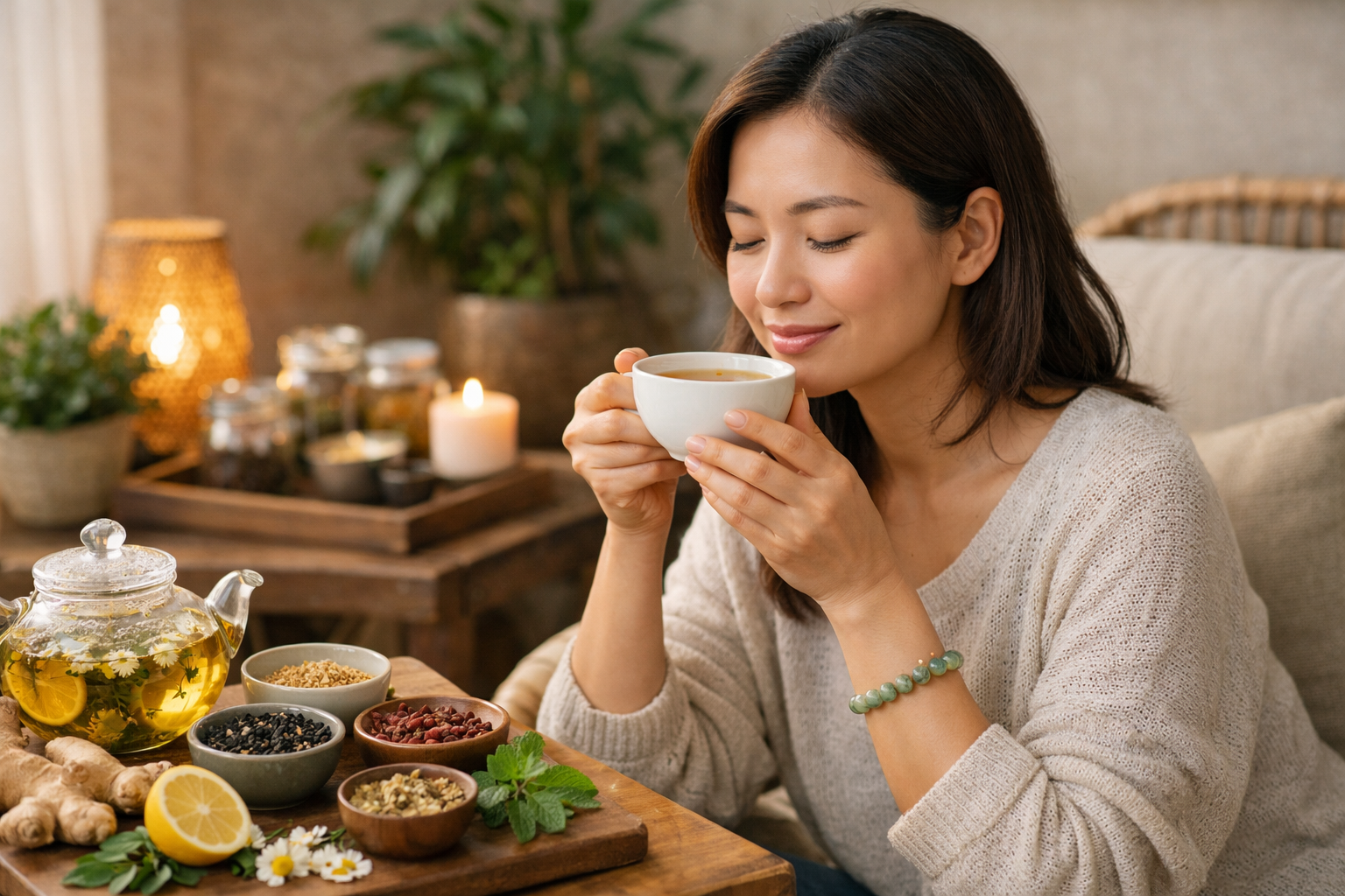 Người phụ nữ đang thưởng thức tách trà thảo mộc ấm nóng trong không gian thư giãn