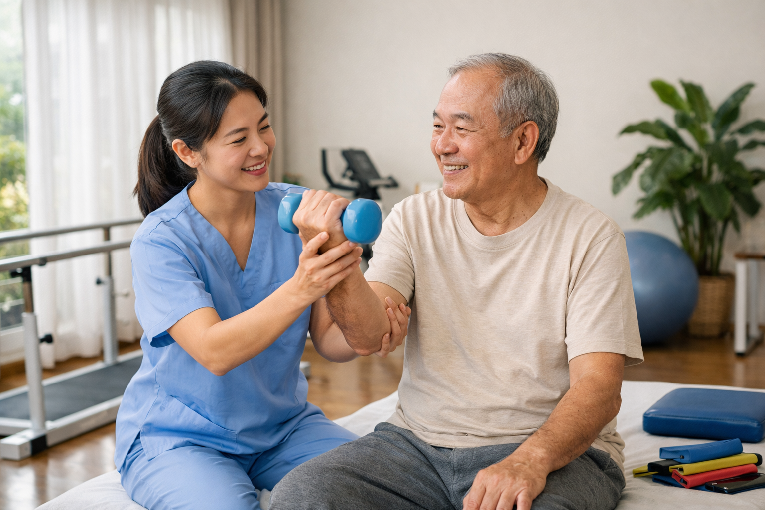 Nhân viên hỗ trợ bệnh nhân thực hiện các bài tập vận lý trị liệu nhẹ nhàng