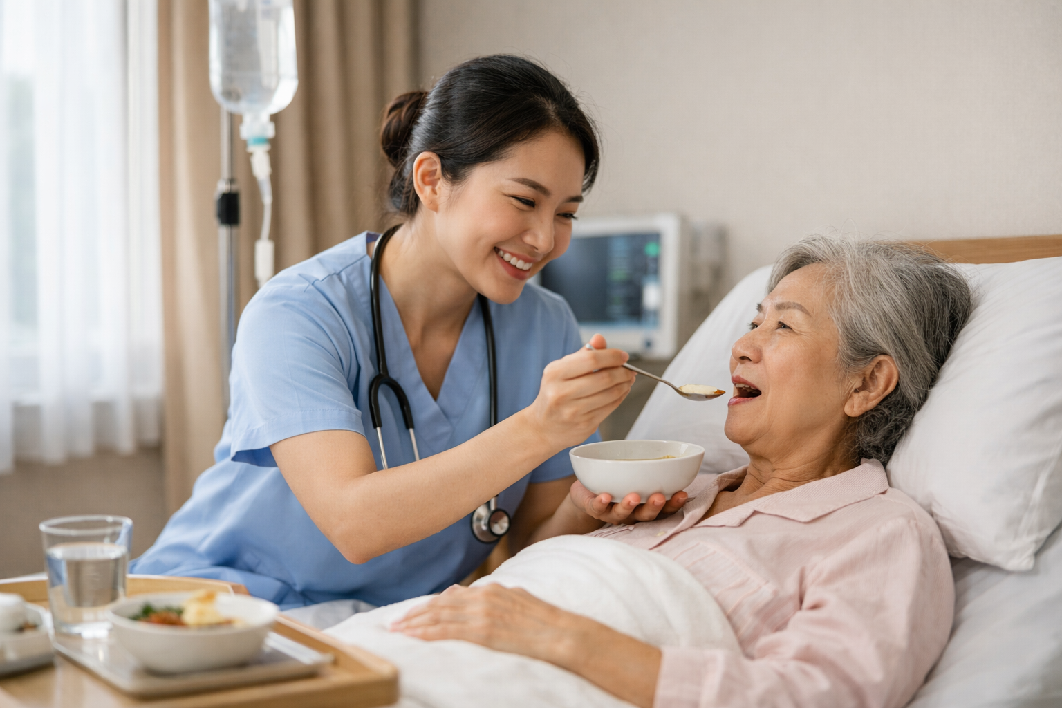 Nhân viên y tế đang tận tâm chăm sóc người bệnh tại giường