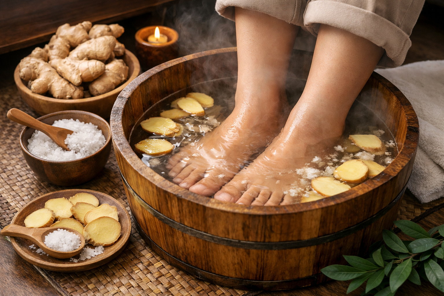 Phương pháp ngâm chân bằng nước gừng ấm và muối để lưu thông khí huyết trị cảm