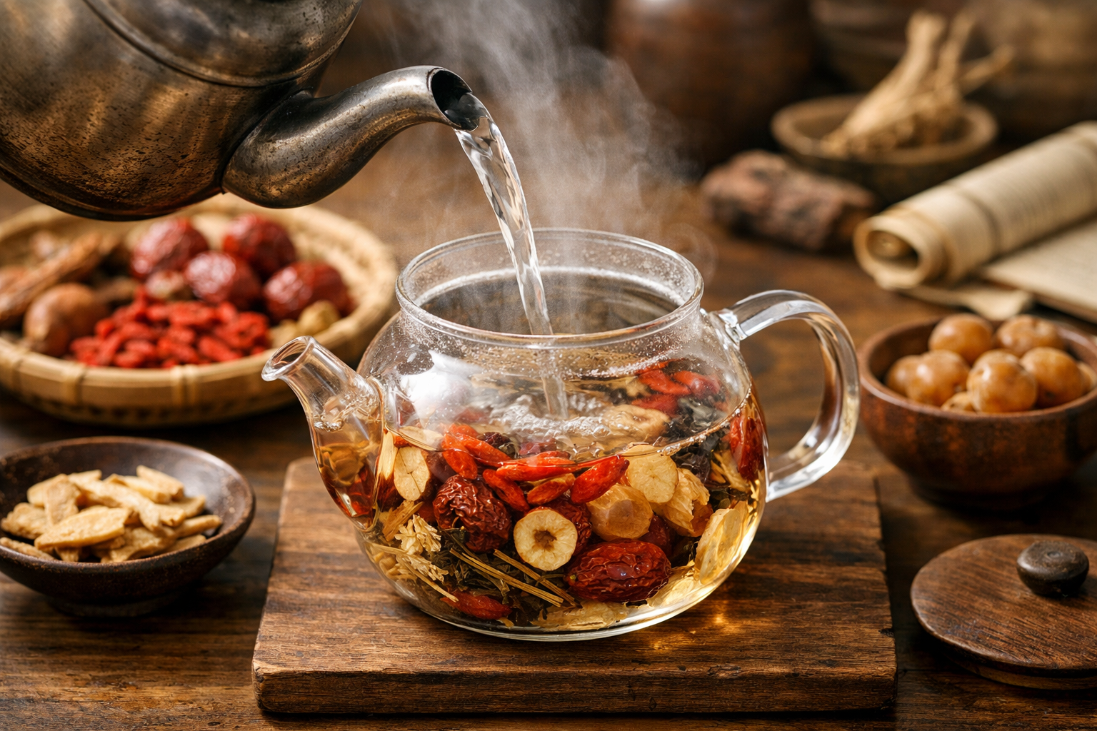 Quy trình rót nước nóng vào ấm trà chứa thảo mộc khô để chiết xuất dưỡng chất