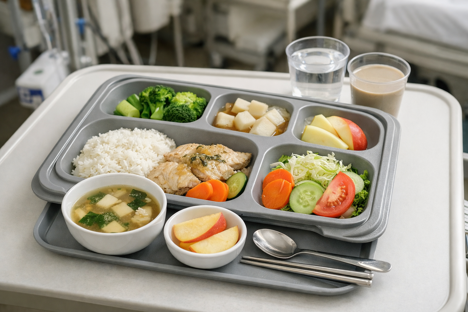 Một khay thức ăn được thiết kế riêng biệt cho bệnh nhân có bệnh lý nền theo tiêu chuẩn lâm sàng
