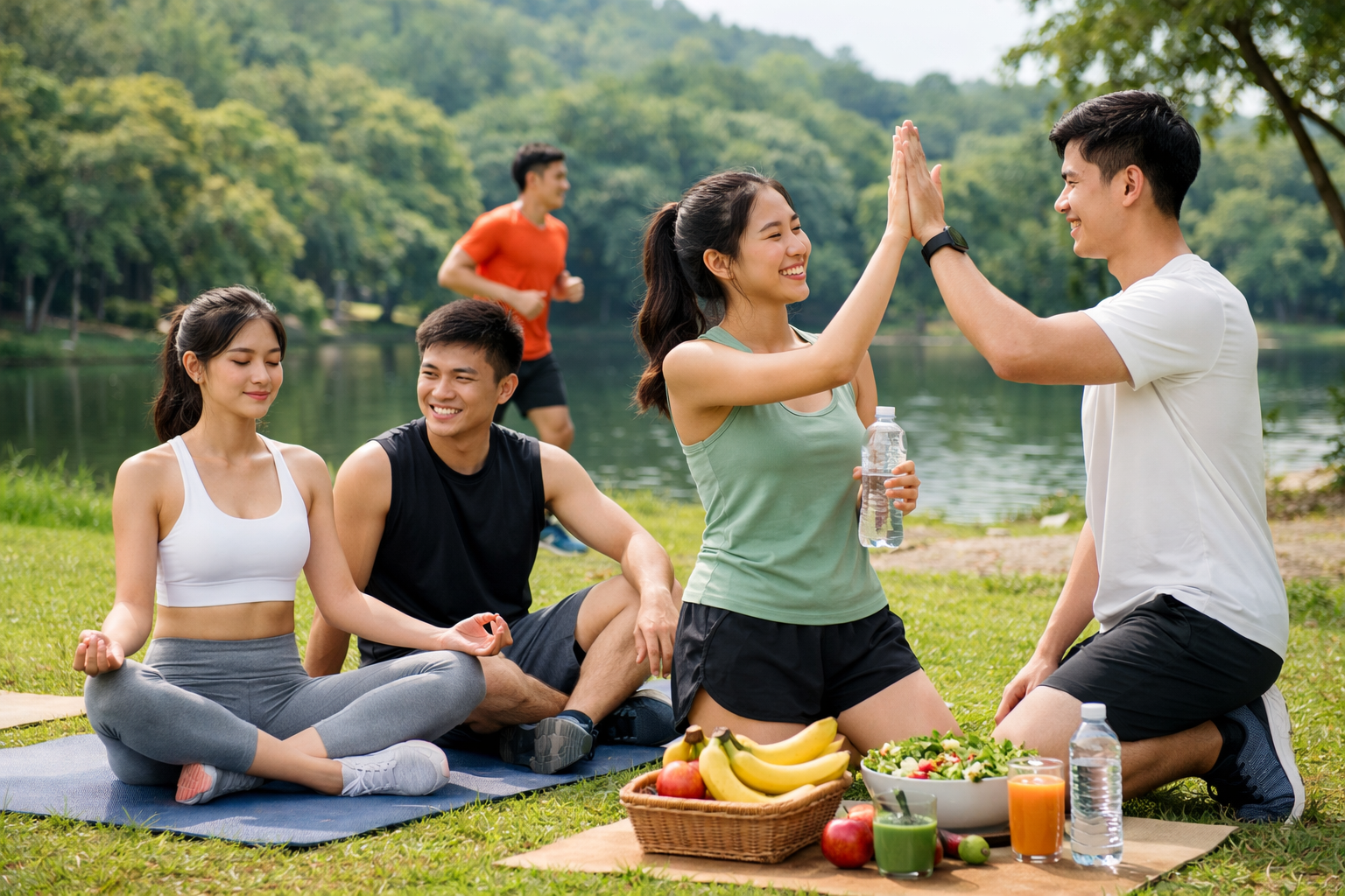 Một nhóm bạn trẻ đang tham gia hoạt động ngoài trời vui vẻ thể hiện lối sống lành mạnh