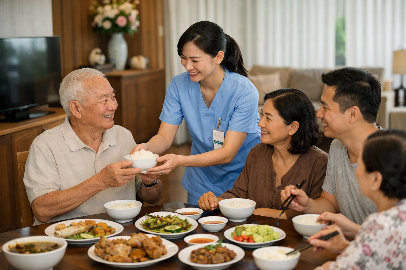 Bữa cơm đầm ấm khi có sự hỗ trợ chăm sóc tận tình của nhân viên điều dưỡng