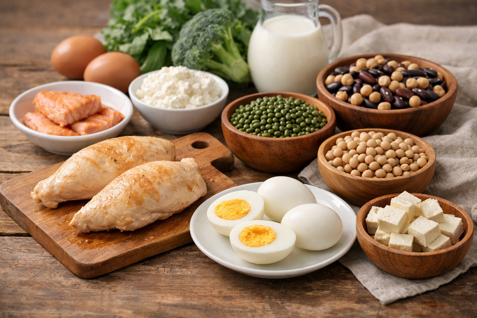 Các loại thực phẩm giàu protein như ức gà, trứng và đậu tốt cho người suy nhược
