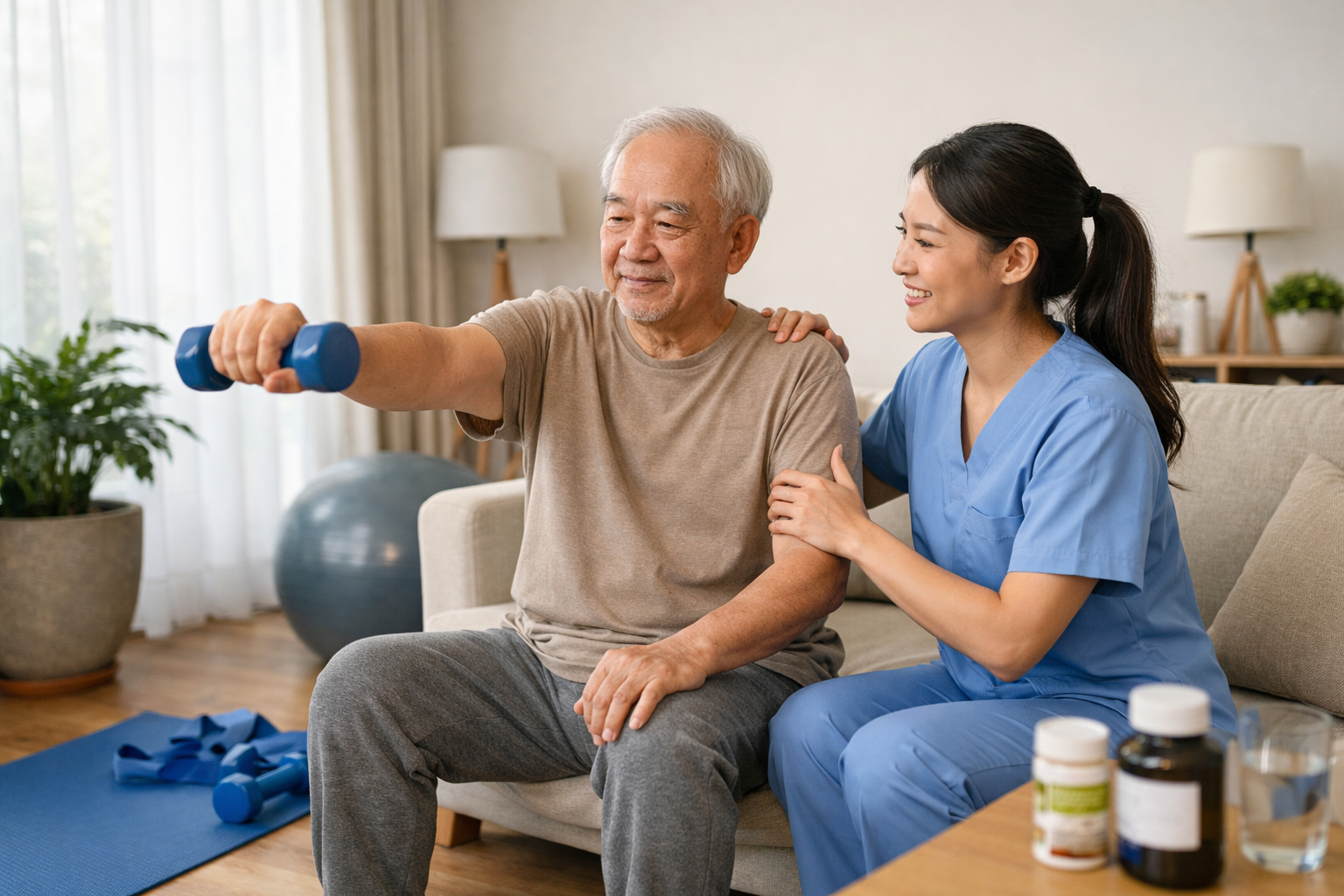 Nhân viên y tế hỗ trợ người già tập vật lý trị liệu tại nhà giúp phục hồi xương khớp