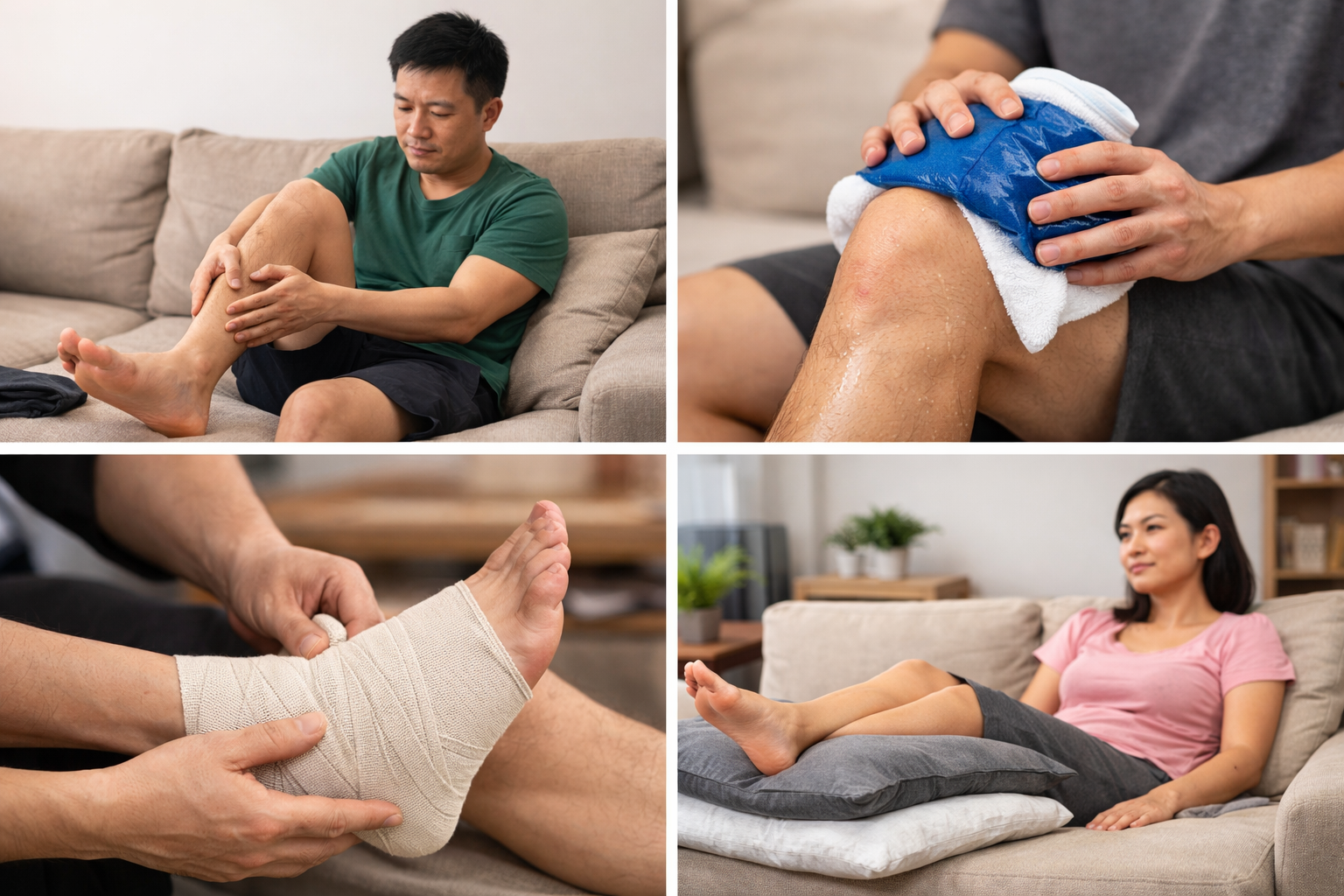 Minh họa chi tiết các bước trong phương pháp R.I.C.E để xử lý chấn thương phần mềm