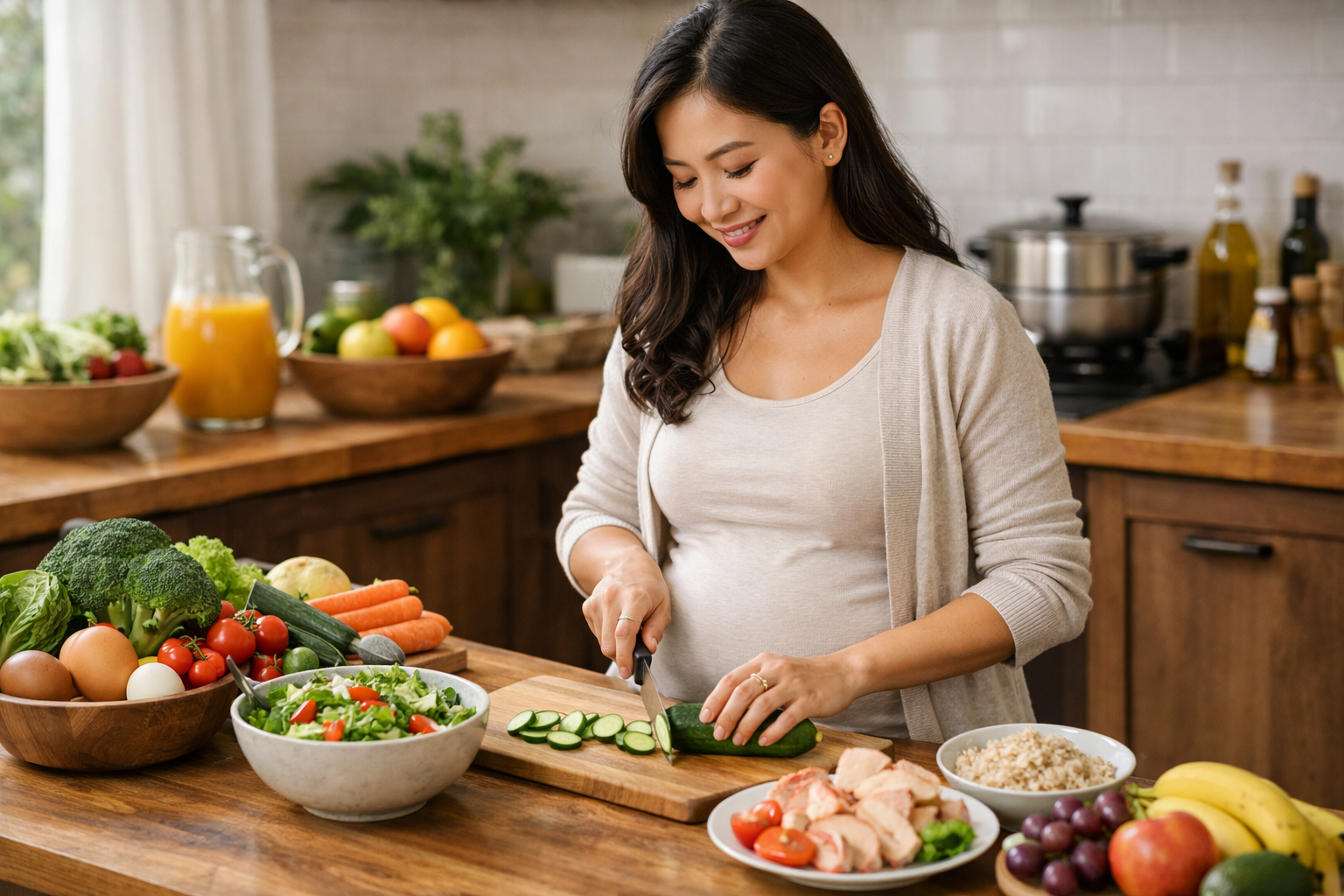Phụ nữ mang thai chuẩn bị bữa ăn đầy đủ dinh dưỡng với rau củ và trái cây