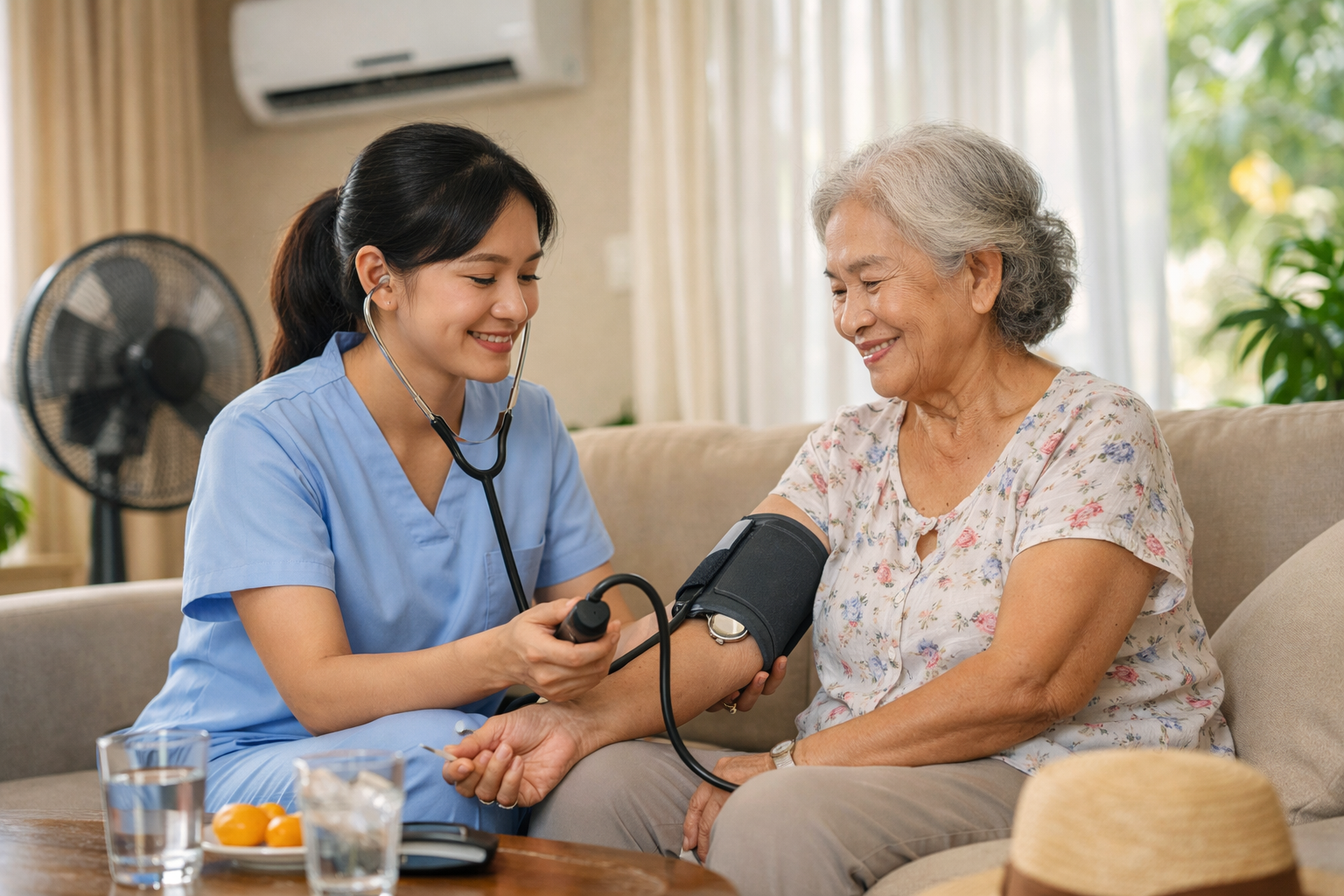 Điều dưỡng viên của Công ty Thiện Tâm đang kiểm tra huyết áp cho người cao tuổi