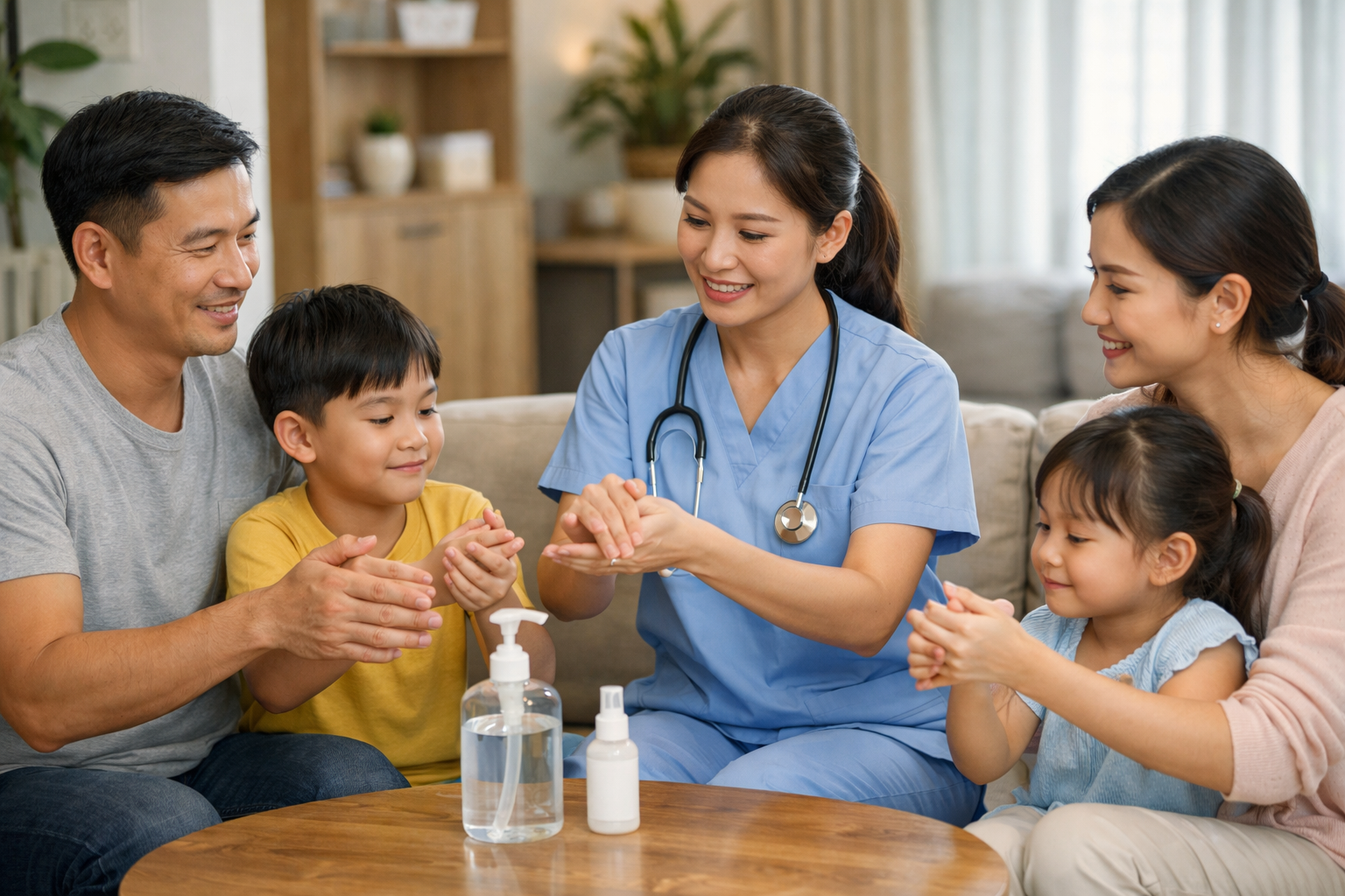 Nhân viên y tế hướng dẫn gia đình cách vệ sinh tay bảo vệ sức khỏe