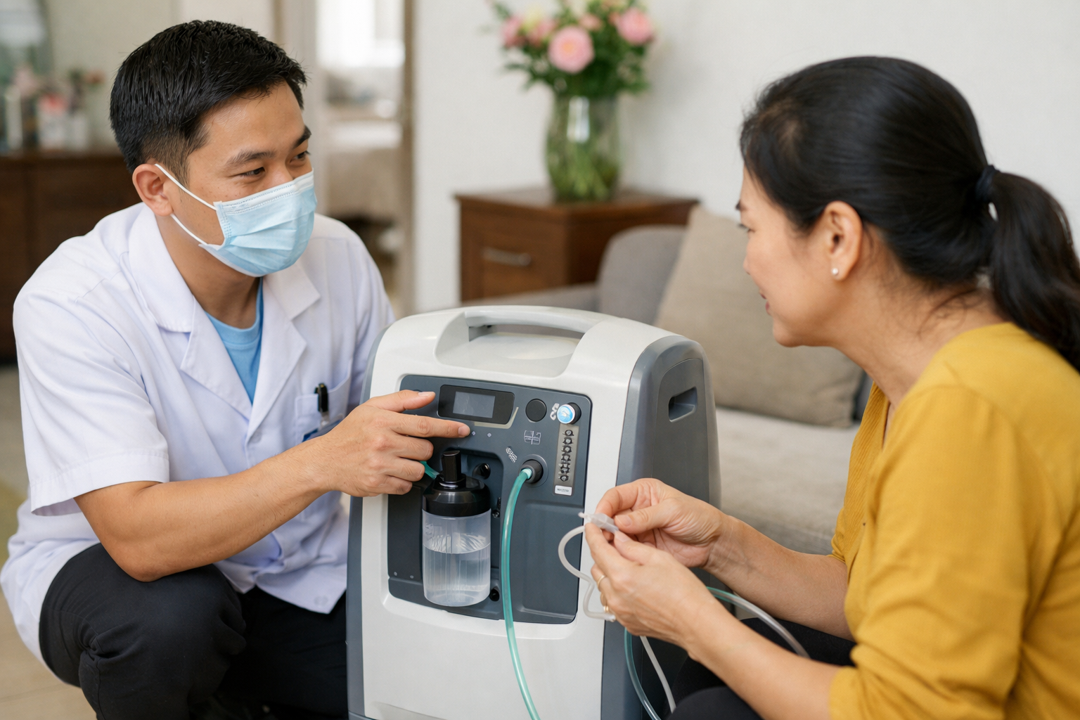 Nhân viên y tế Thiện Tâm đang hướng dẫn người nhà cách vận hành máy tạo oxy đúng cách