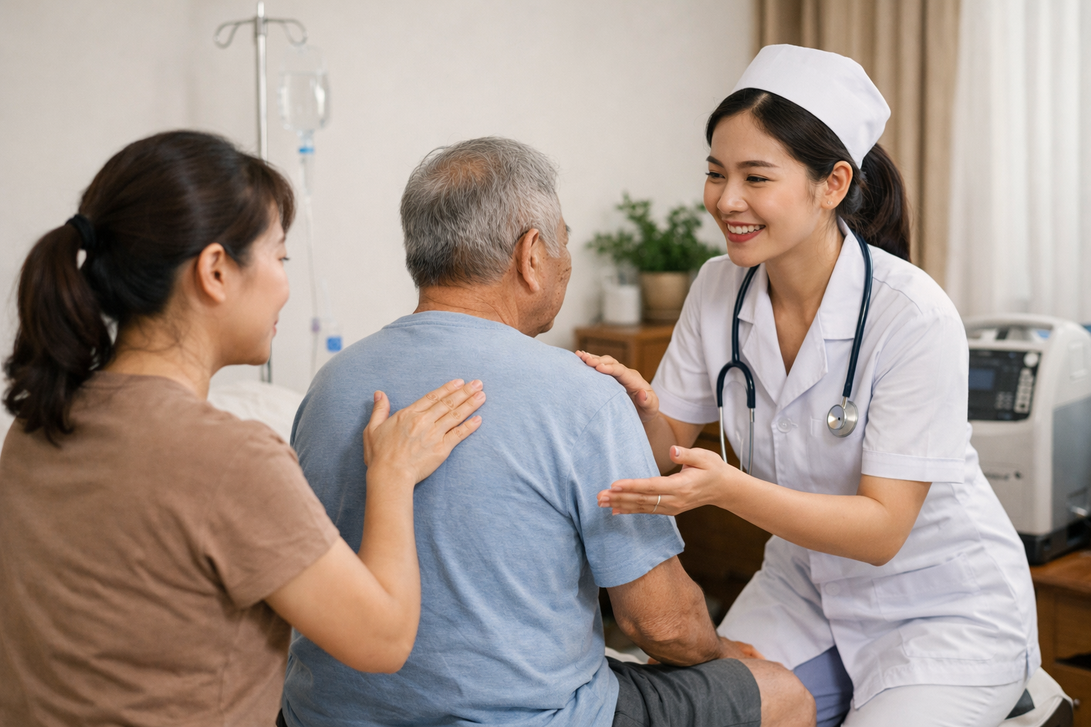 Điều dưỡng Thiện Tâm hướng dẫn người nhà thực hiện kỹ thuật vỗ rung đờm dãi đúng cách