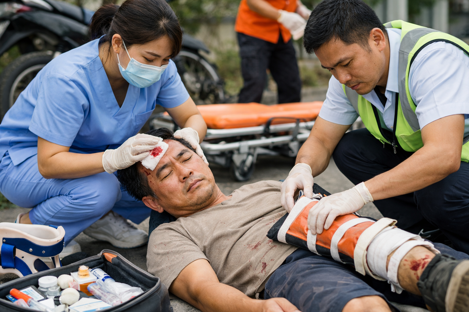 Nhân viên y tế thực hiện các bước sơ cứu cơ bản cho người bị nạn để ổn định tình trạng
