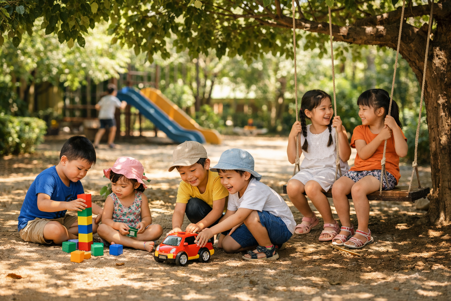 Trẻ em vui chơi trong bóng râm để tránh tiếp xúc trực tiếp với ánh nắng gắt