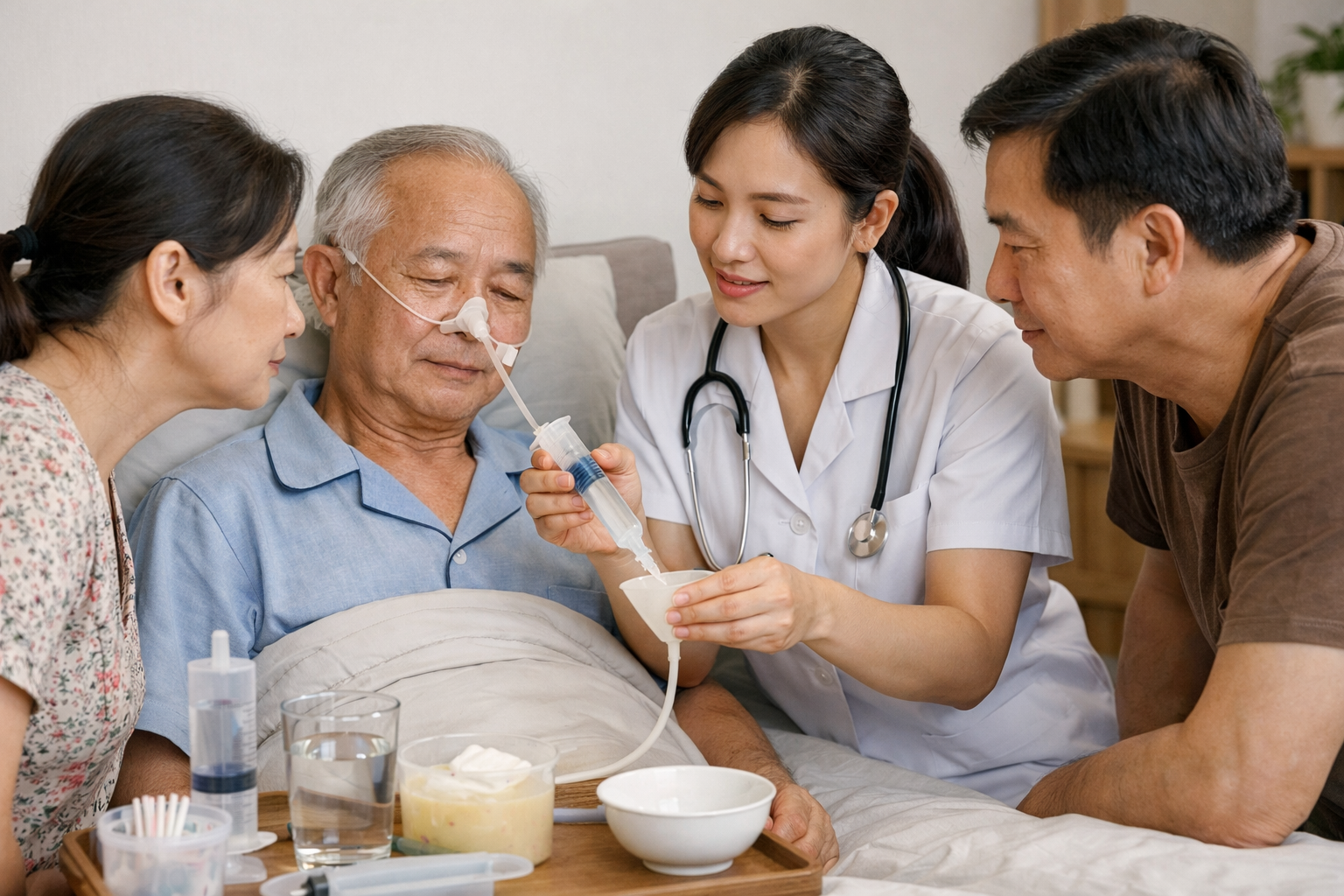 Hướng dẫn người nhà cách cho ăn và vệ sinh ống thông dạ dày cho người bệnh
