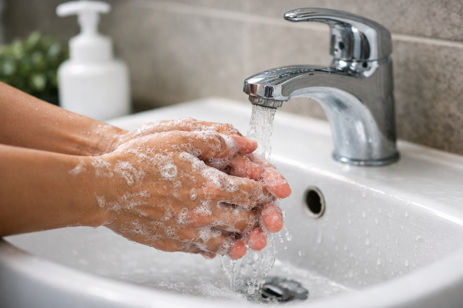 Đôi bàn tay sạch khuẩn dưới vòi nước để bảo vệ sức khỏe