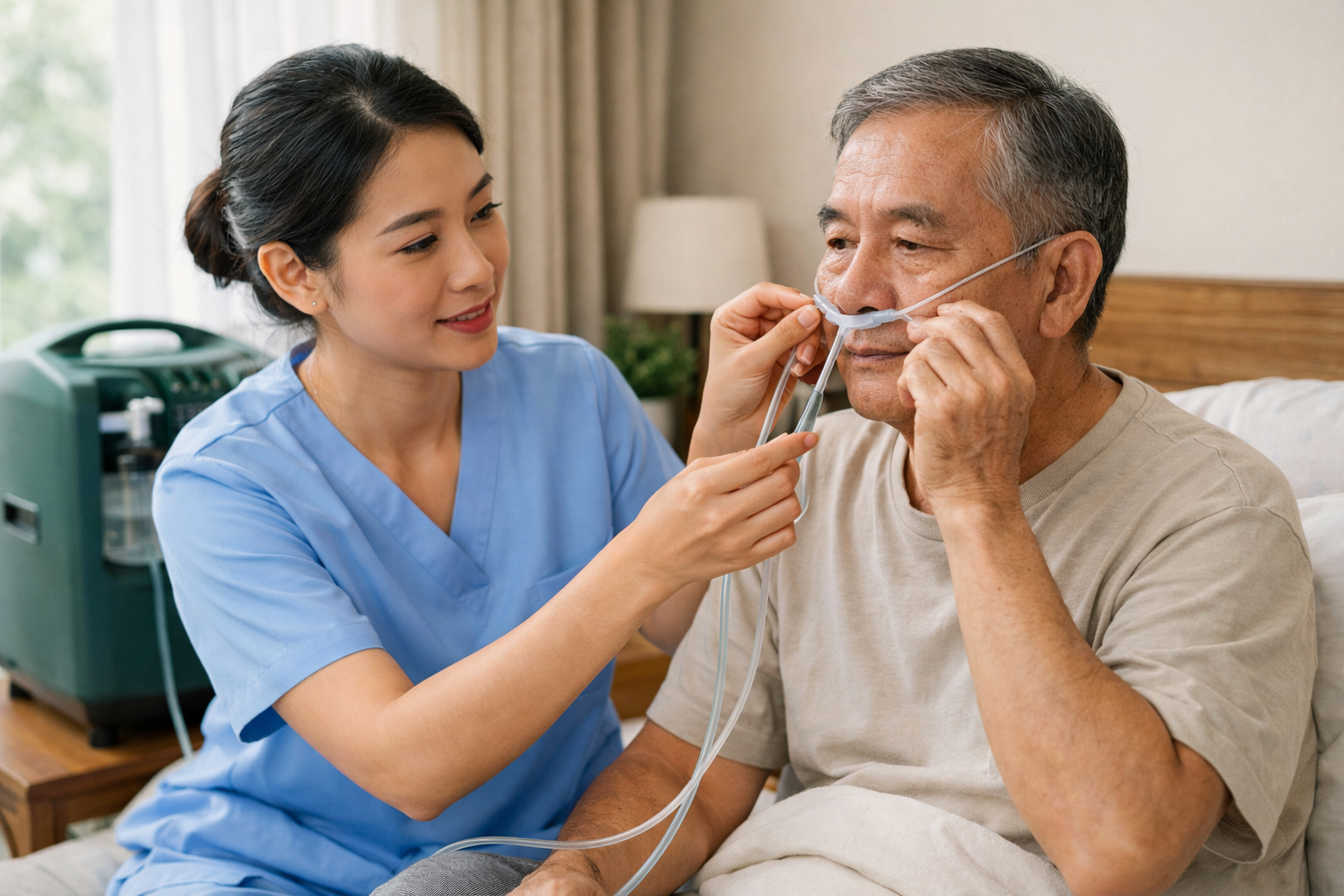 Điều dưỡng chuyên nghiệp đang hướng dẫn bệnh nhân cách sử dụng ống thở oxy đúng cách
