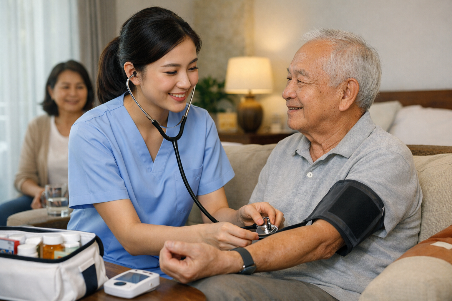 Điều dưỡng đang chăm sóc và kiểm tra sức khỏe cho người cao tuổi tại nhà