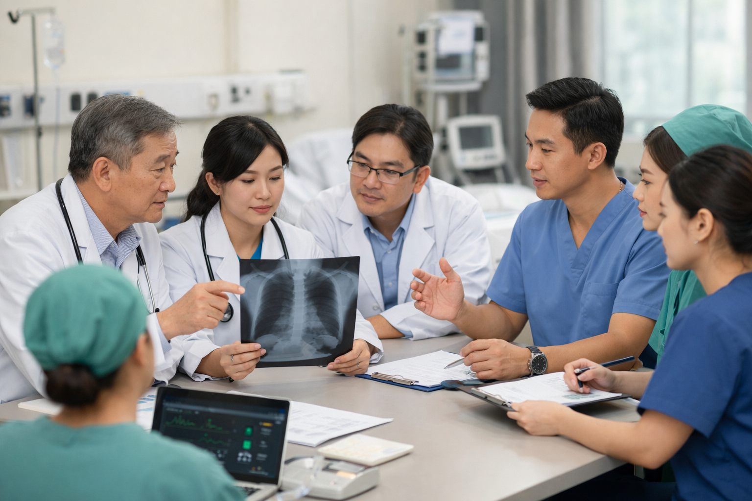 Đội ngũ y bác sĩ và điều dưỡng chuyên nghiệp đang hội chẩn về tình trạng sức khỏe bệnh nhân