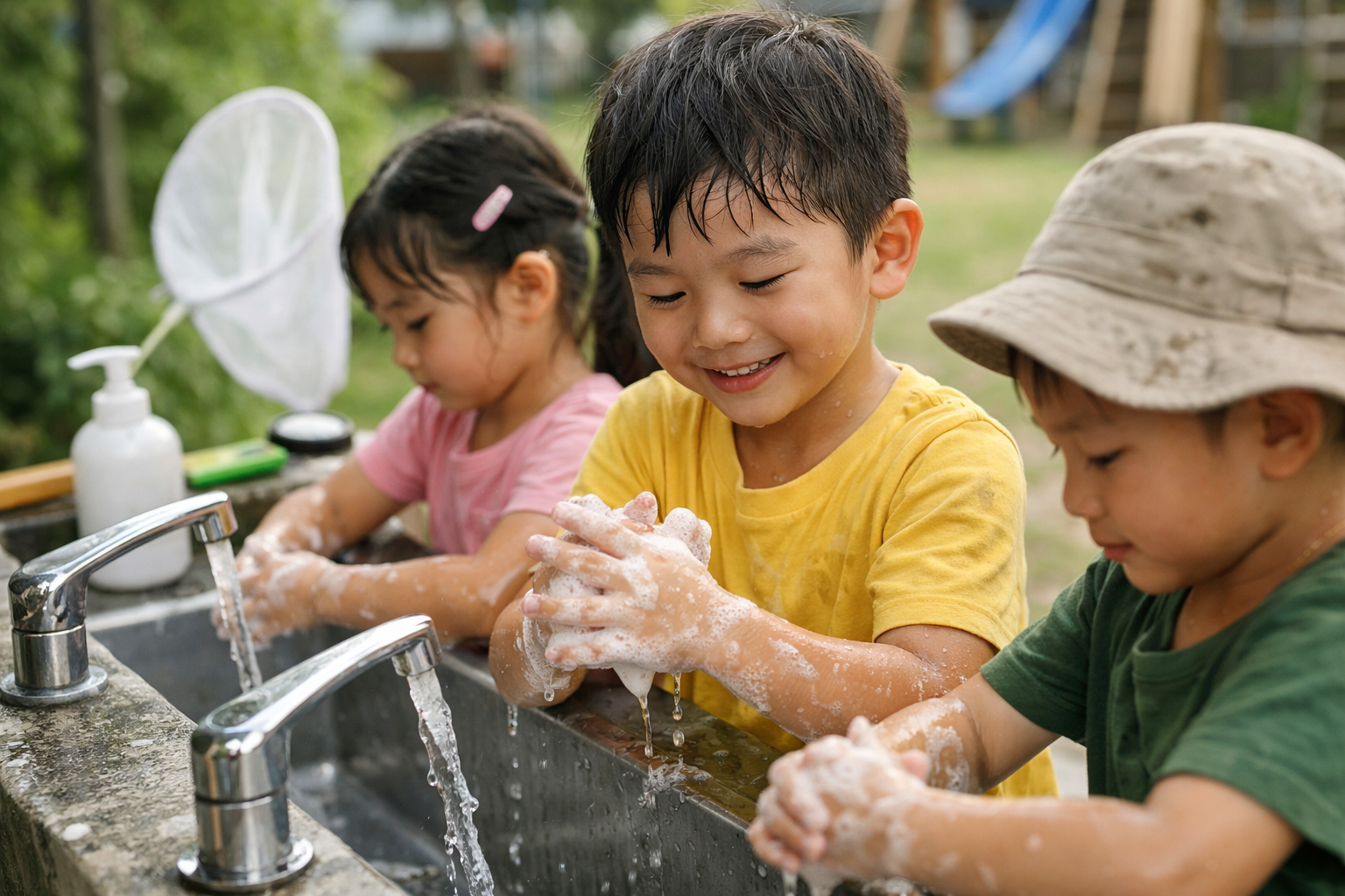 Trẻ em đang rửa tay sạch sẽ sau khi vui chơi ngoài trời