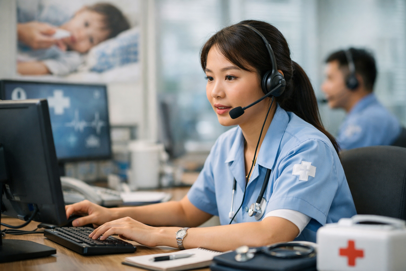 Nhân viên tổng đài y tế đang tiếp nhận cuộc gọi hỗ trợ khẩn cấp từ khách hàng