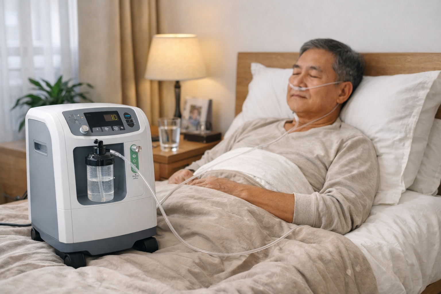 Máy tạo oxy y tế đang hoạt động trong phòng ngủ của bệnh nhân tại nhà