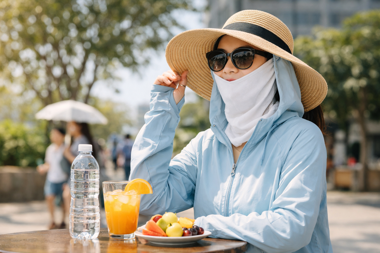 Sử dụng nón rộng vành và áo khoác chống nắng để bảo vệ làn da khỏi tia cực tím