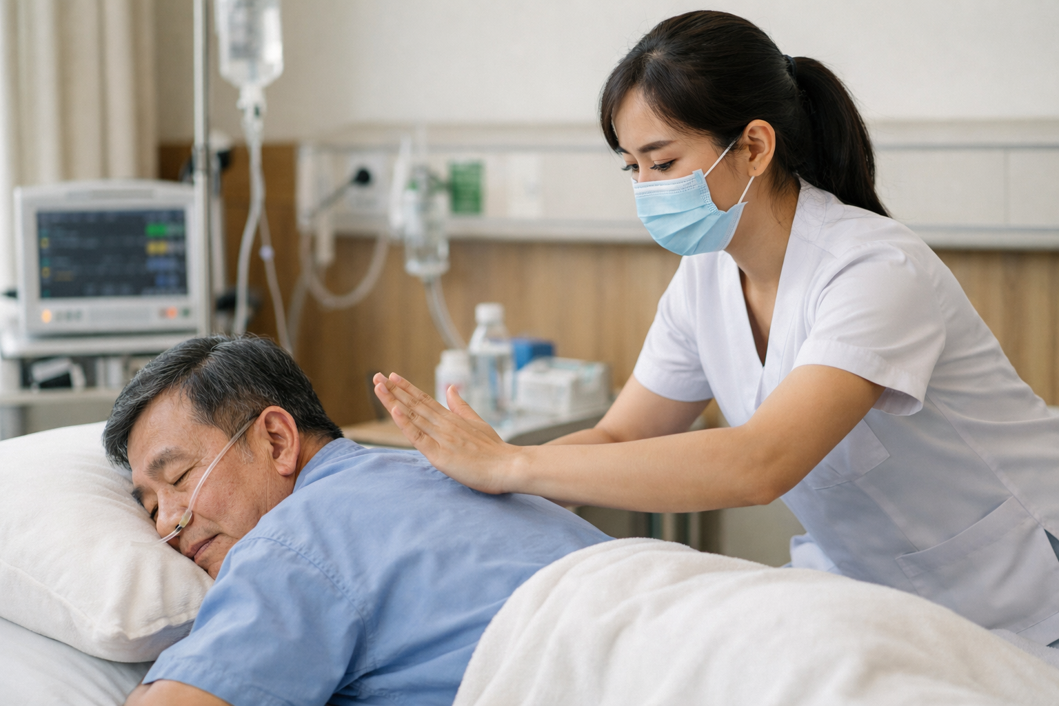 Kỹ thuật viên y tế thực hiện vỗ rung lồng ngực cho bệnh nhân để loại bỏ đờm dãi
