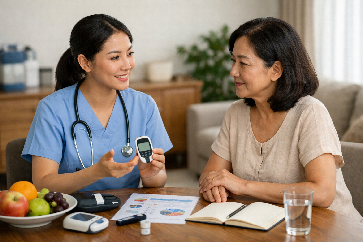 Điều dưỡng chuyên nghiệp đang tư vấn cách ổn định đường huyết tại nhà cho khách hàng
