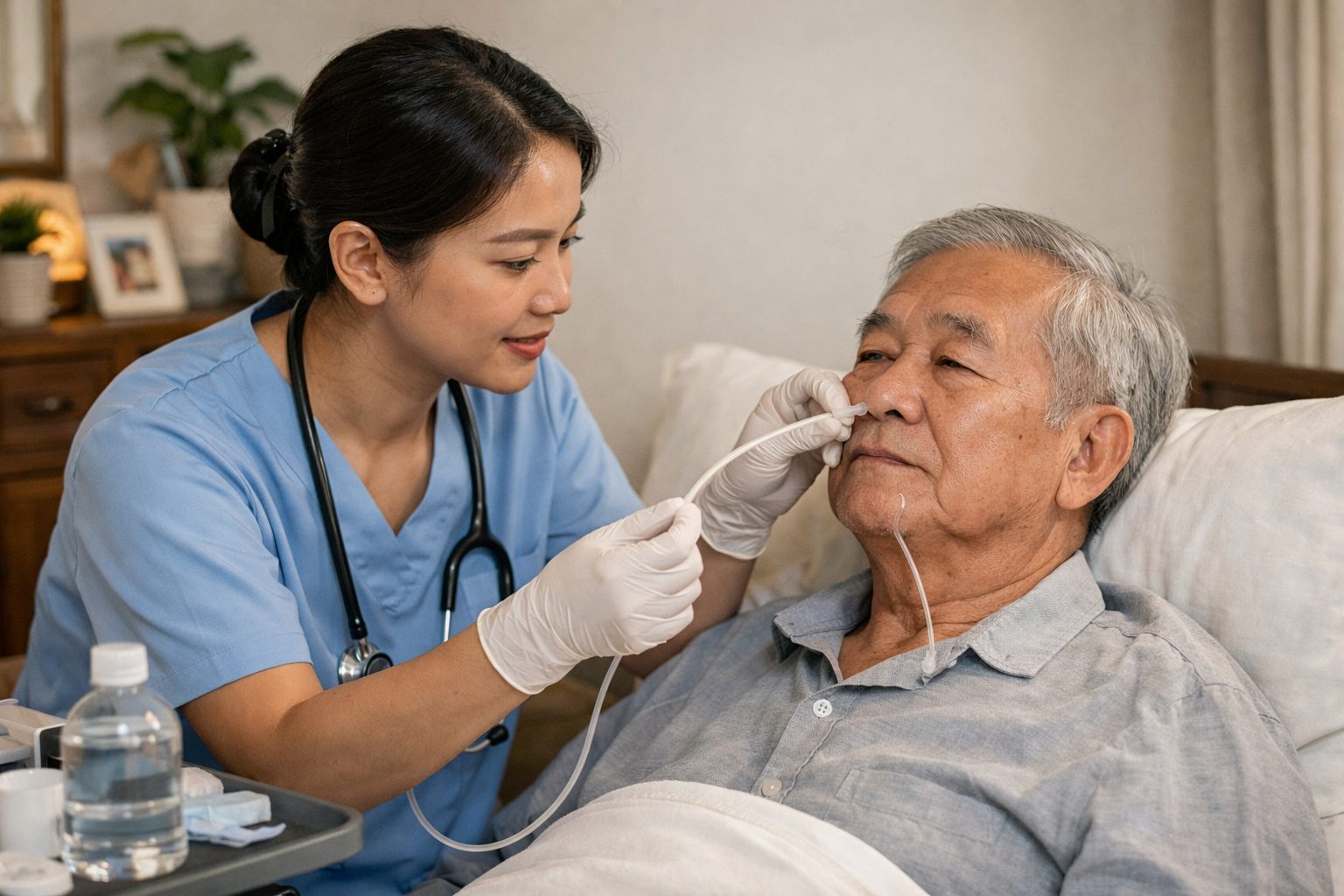Điều dưỡng chuyên nghiệp đang thực hiện đặt ống thông dạ dày tại nhà cho bệnh nhân lớn tuổi