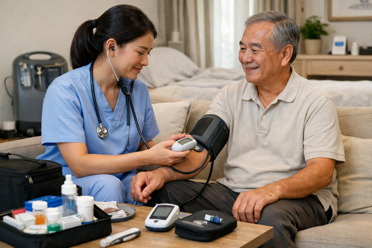 Nhân viên y tế đang đo huyết áp và kiểm tra sức khỏe định kỳ cho bệnh nhân tại nhà