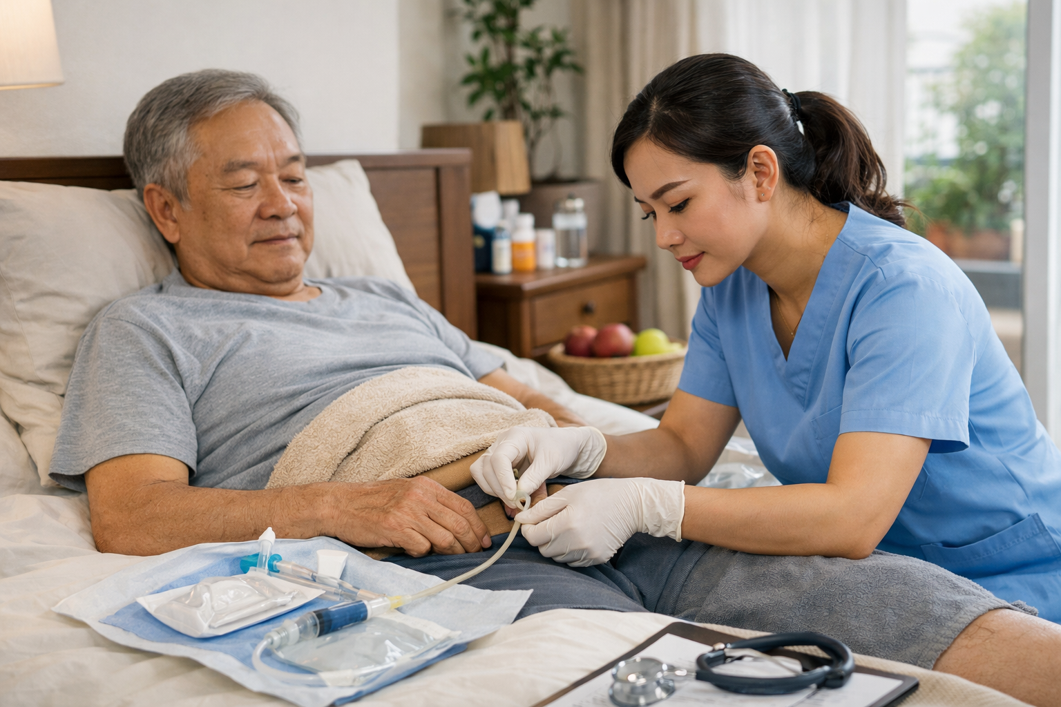Điều dưỡng Sức khỏe Thiện Tâm đang kiểm tra sức khỏe tổng quát cho bệnh nhân tại nhà