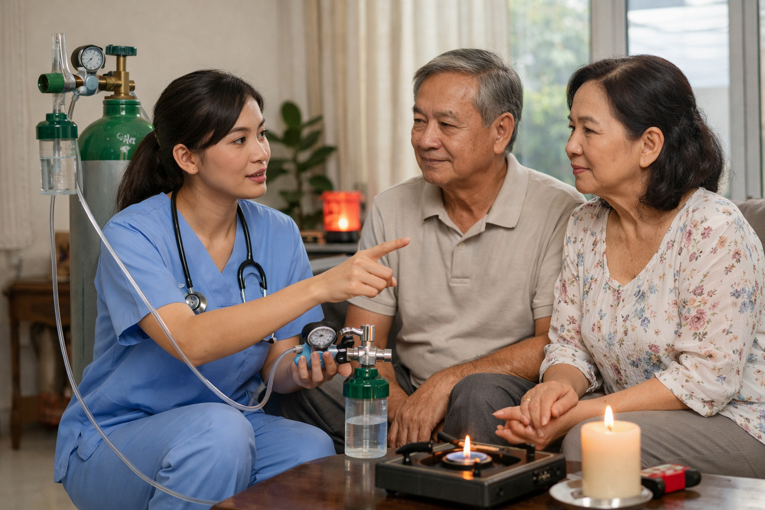 Nhân viên y tế hướng dẫn chi tiết các quy tắc an toàn cháy nổ khi dùng oxy tại nhà