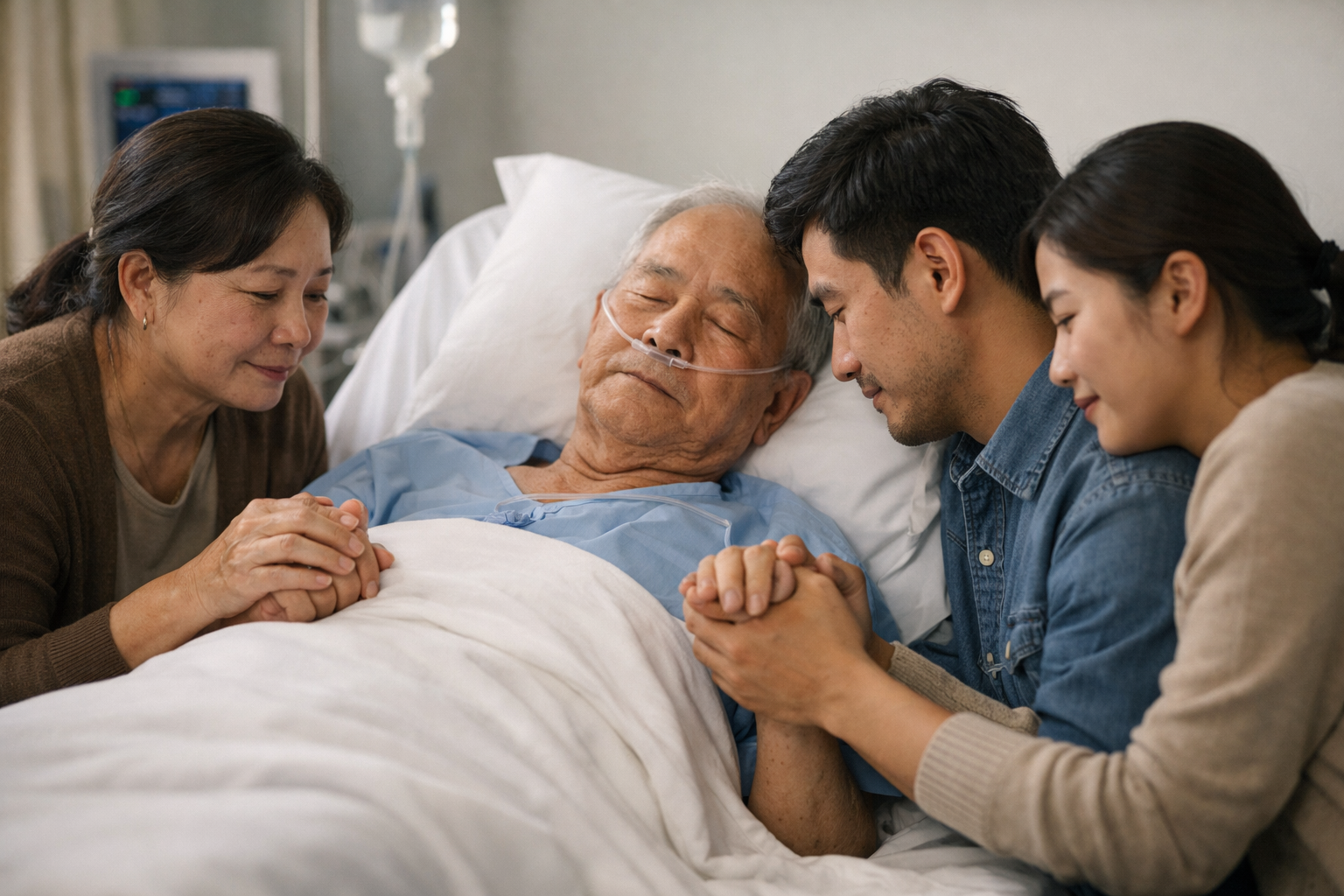 Người thân đang nắm tay và an ủi bệnh nhân giai đoạn cuối trên giường bệnh