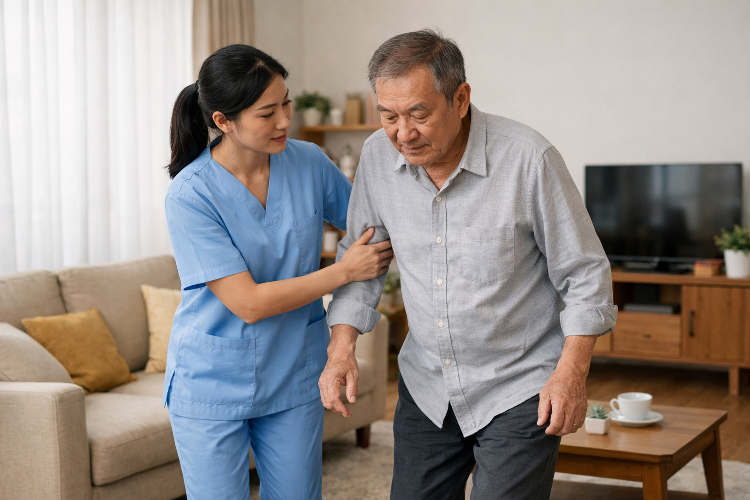 Một điều dưỡng đang hỗ trợ người bệnh Parkinson đi lại trong phòng khách