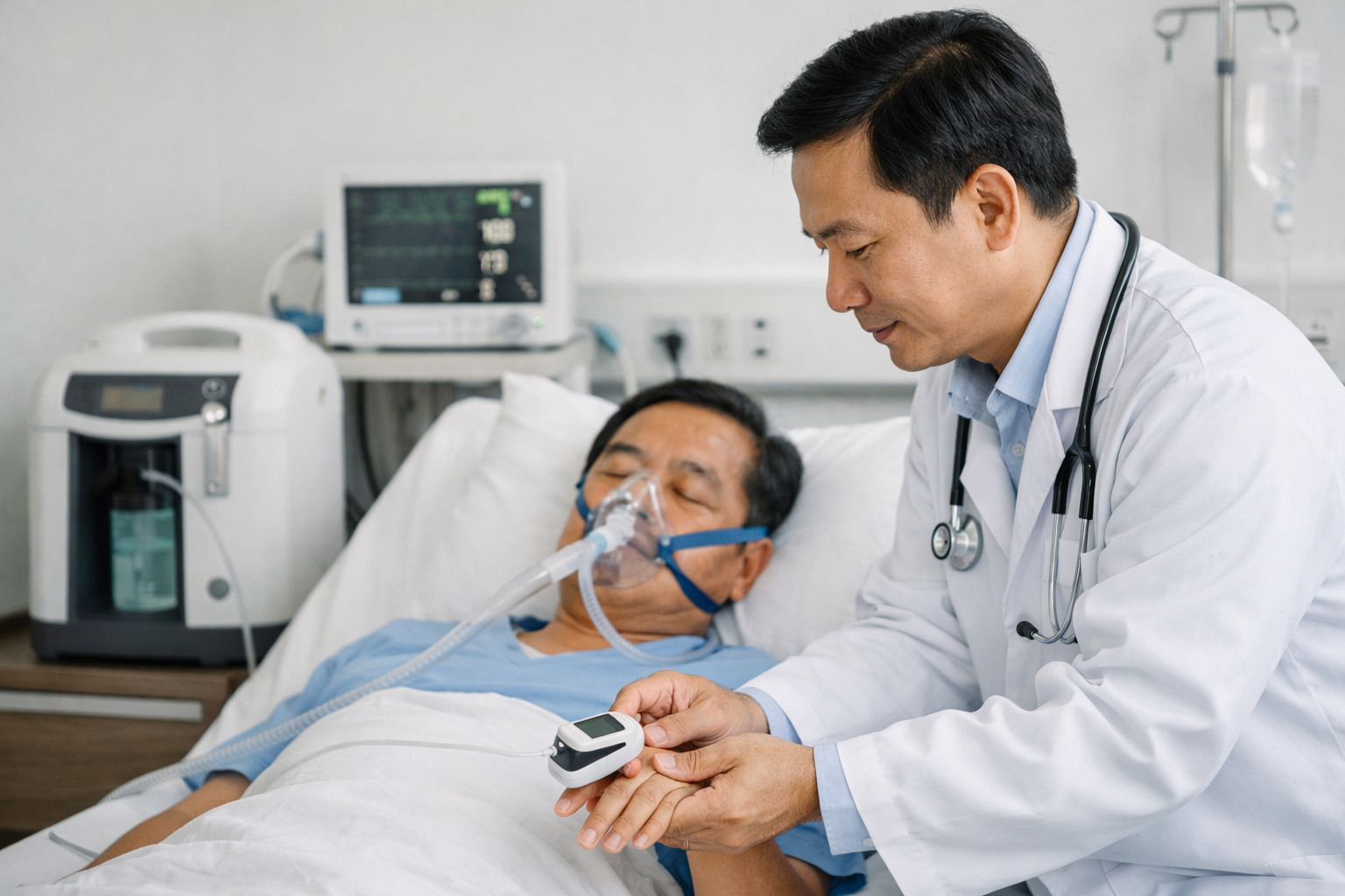 Bác sĩ kiểm tra nồng độ oxy trong máu SPO2 cho bệnh nhân đang thở máy